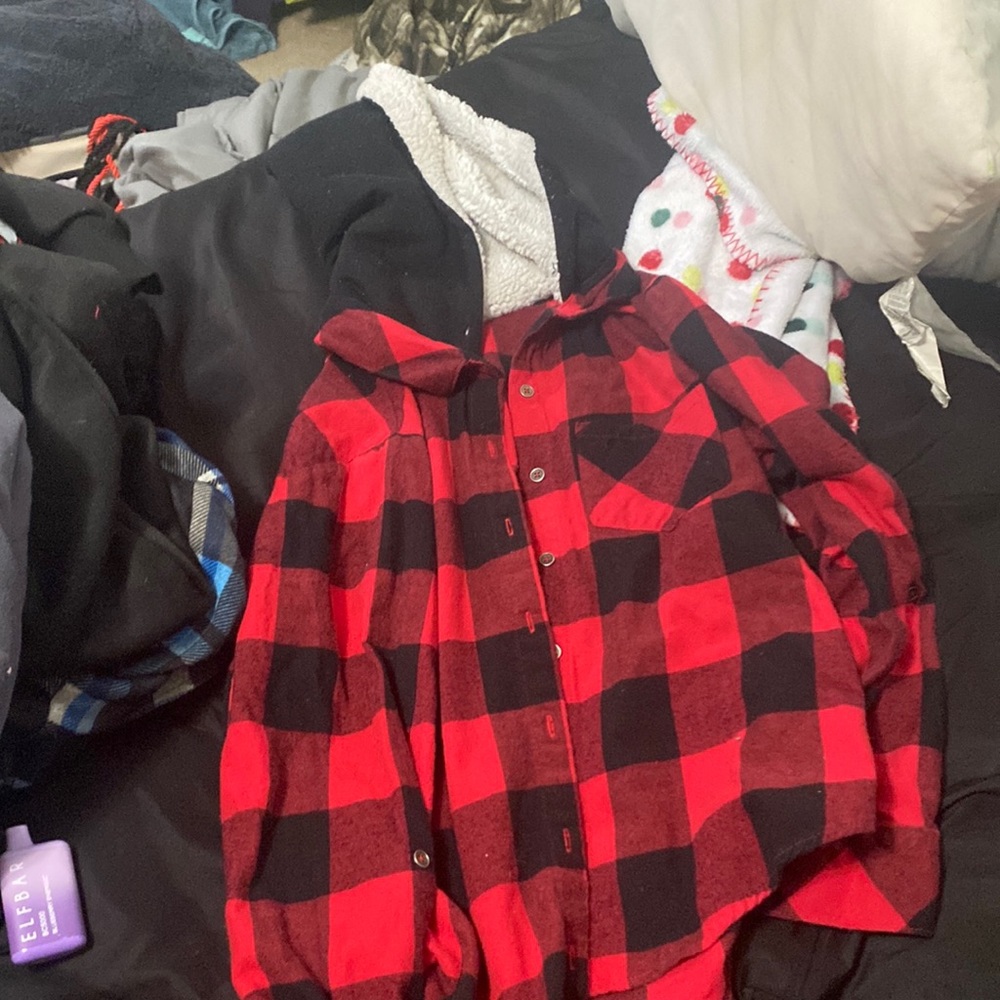 Red and black flannel with a wool hoodie top smoke-free house no stains
